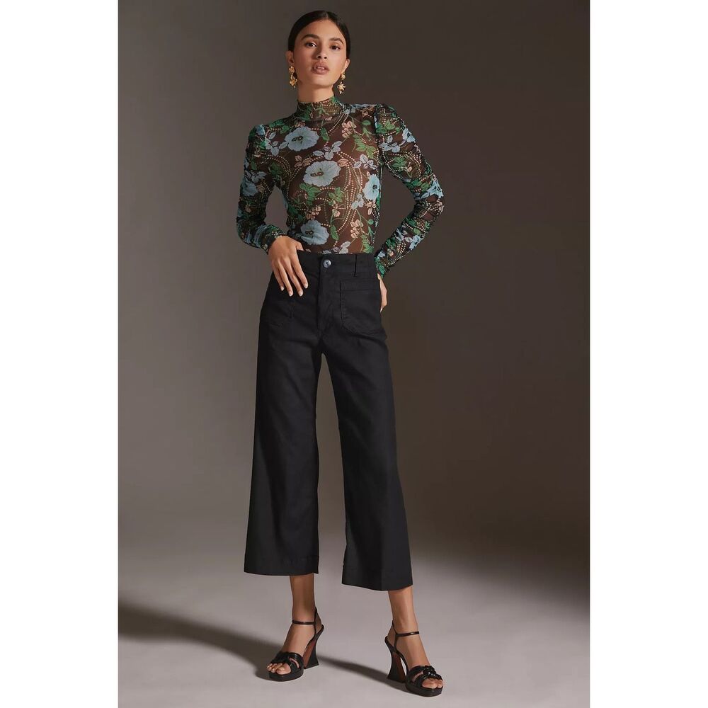 Anthropologie Maeve Colette European Linen Stretch Wide Leg Black Sz 26 Pants